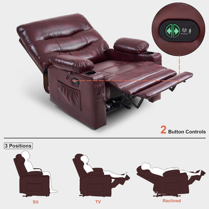 Grand fauteuil inclinable électrique en similicuir avec chauffage et massage, porte-gobelet et port USB