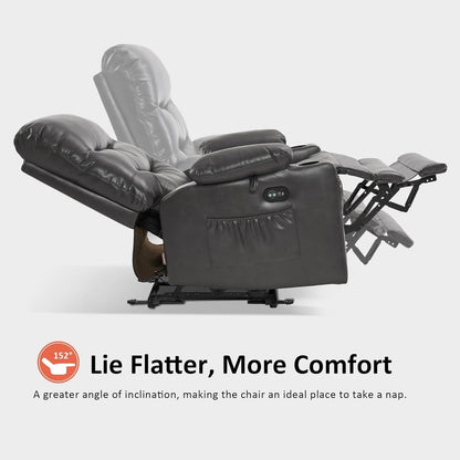 Grand fauteuil inclinable électrique en similicuir avec chauffage et massage, porte-gobelet et port USB