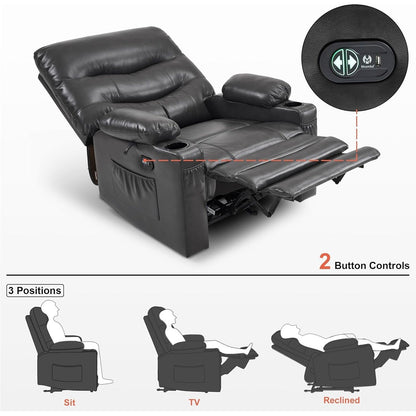 Grand fauteuil inclinable électrique en similicuir avec chauffage et massage, porte-gobelet et port USB