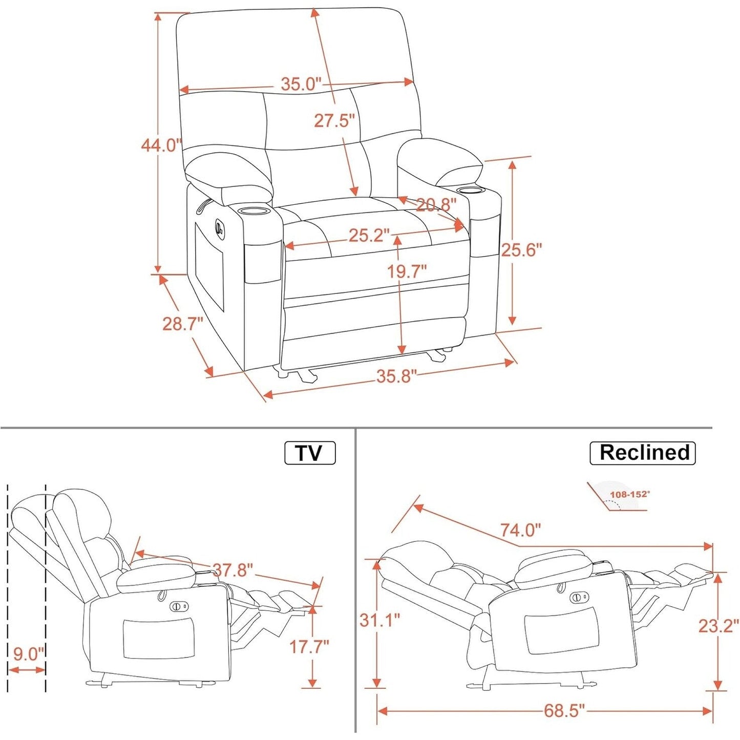 Grand fauteuil inclinable électrique en similicuir avec chauffage et massage, porte-gobelet et port USB