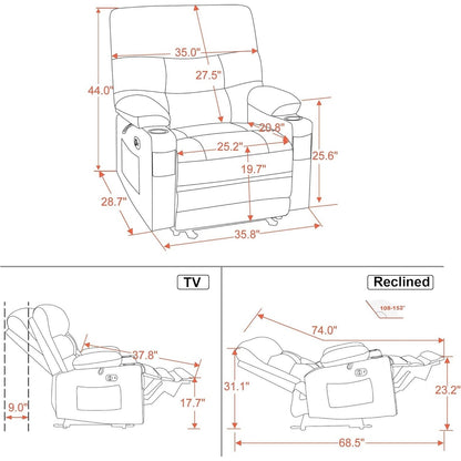 Grand fauteuil inclinable électrique en similicuir avec chauffage et massage, porte-gobelet et port USB