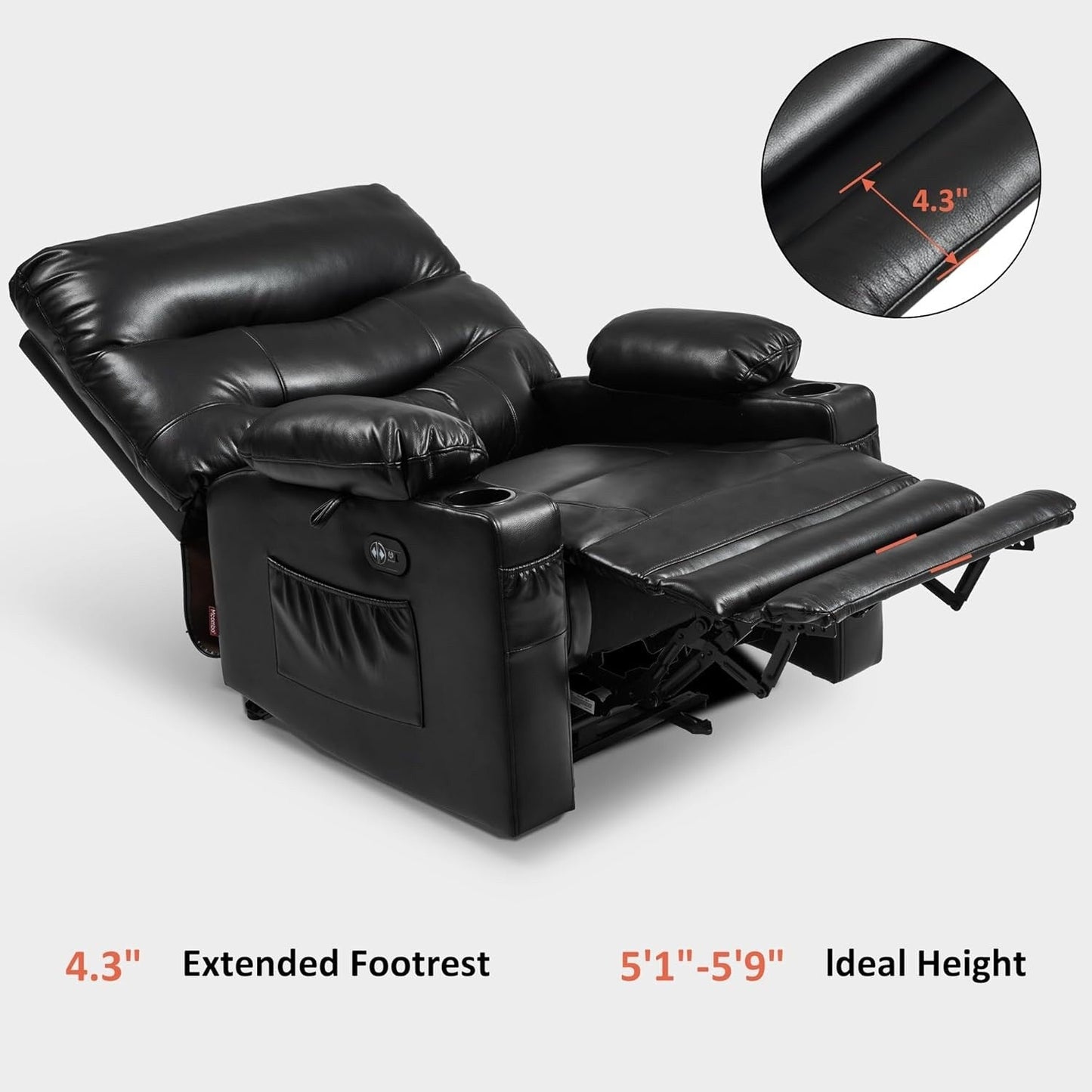 Grand fauteuil inclinable électrique en similicuir avec chauffage et massage, porte-gobelet et port USB
