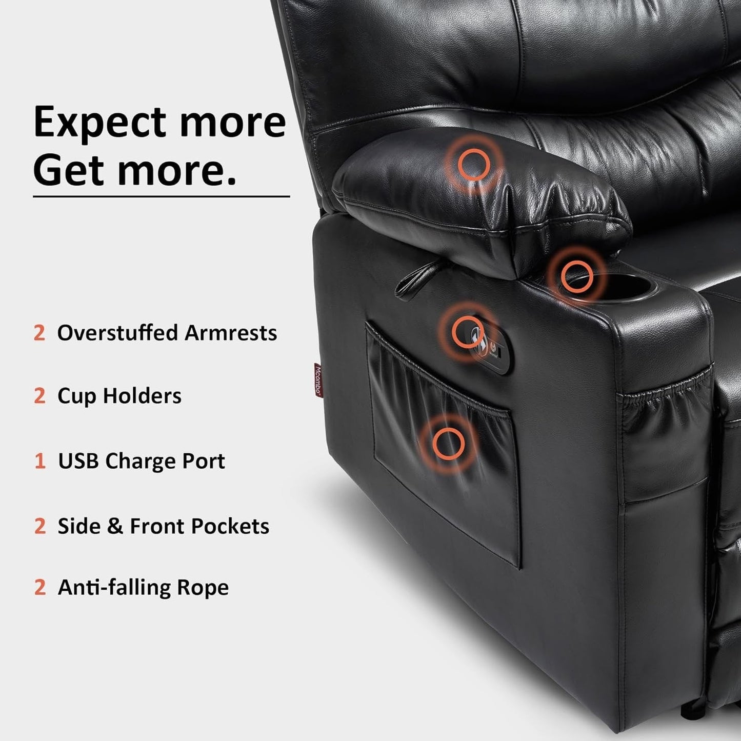 Grand fauteuil inclinable électrique en similicuir avec chauffage et massage, porte-gobelet et port USB