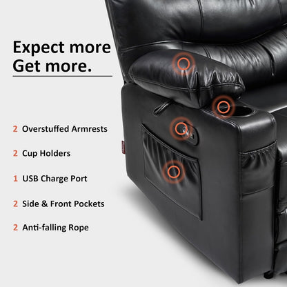 Grand fauteuil inclinable électrique en similicuir avec chauffage et massage, porte-gobelet et port USB