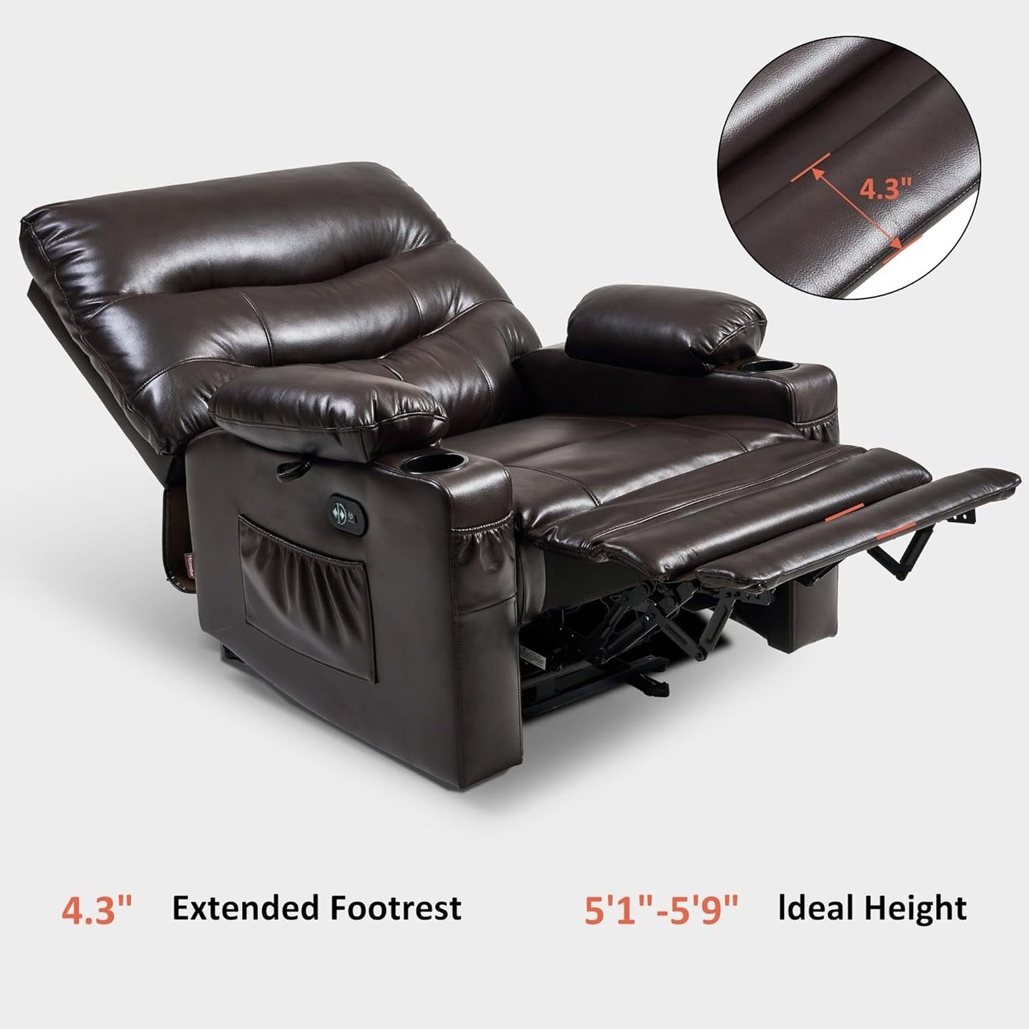 Grand fauteuil inclinable électrique en similicuir avec chauffage et massage, porte-gobelet et port USB