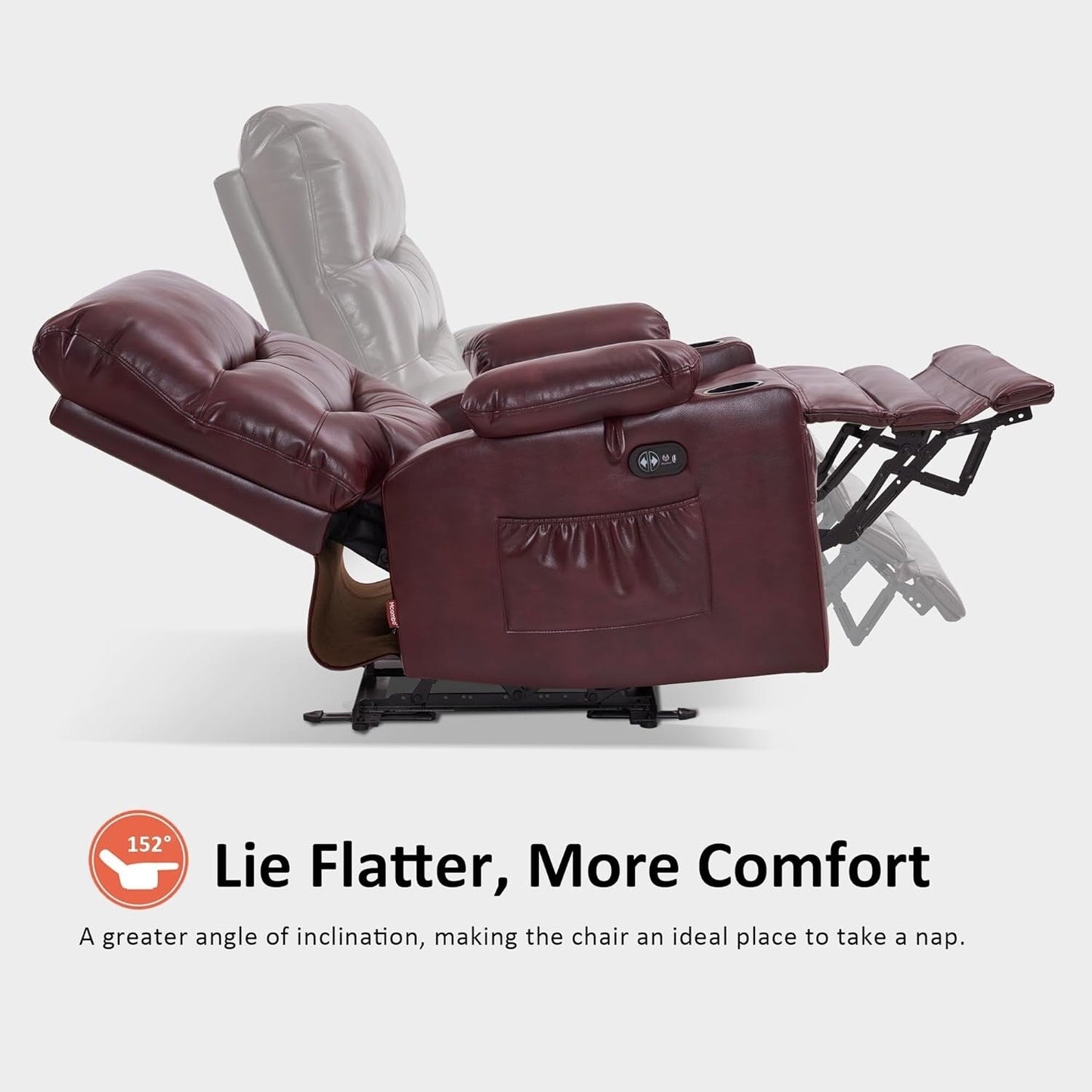 Grand fauteuil inclinable électrique en similicuir avec chauffage et massage, porte-gobelet et port USB