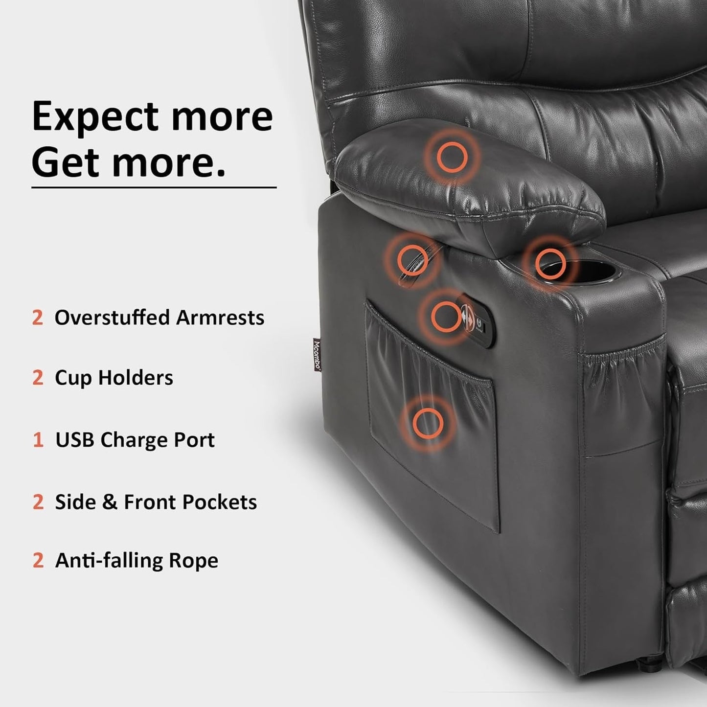 Grand fauteuil inclinable électrique en similicuir avec chauffage et massage, porte-gobelet et port USB