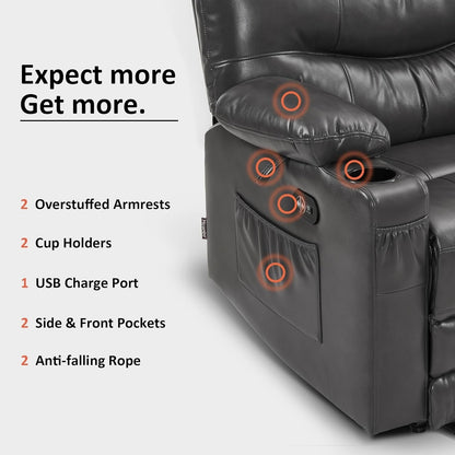 Grand fauteuil inclinable électrique en similicuir avec chauffage et massage, porte-gobelet et port USB