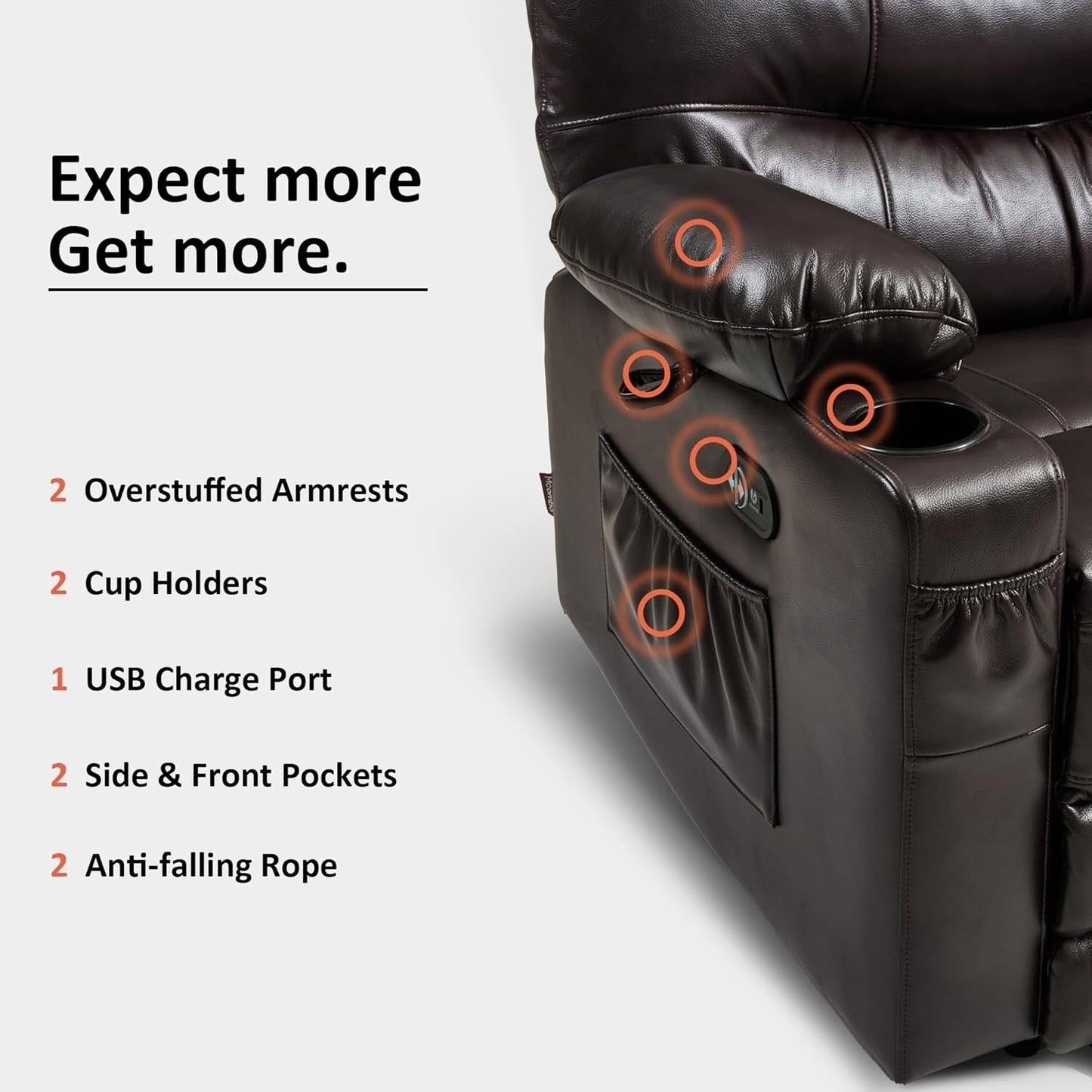 Grand fauteuil inclinable électrique en similicuir avec chauffage et massage, porte-gobelet et port USB
