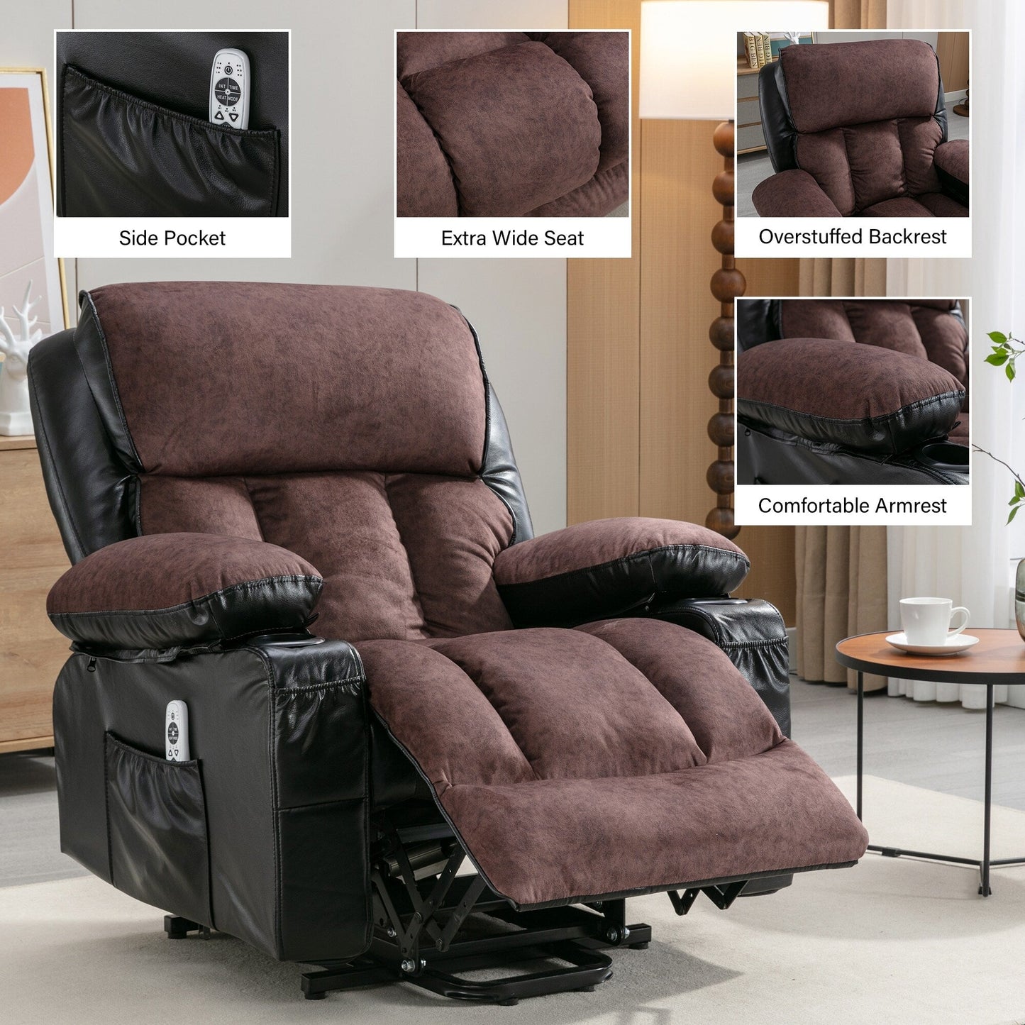 Fauteuil de massage électrique de grande taille pour personnes âgées avec fonctions de chauffage et de vibration, cuir synthétique, port USB, réglable