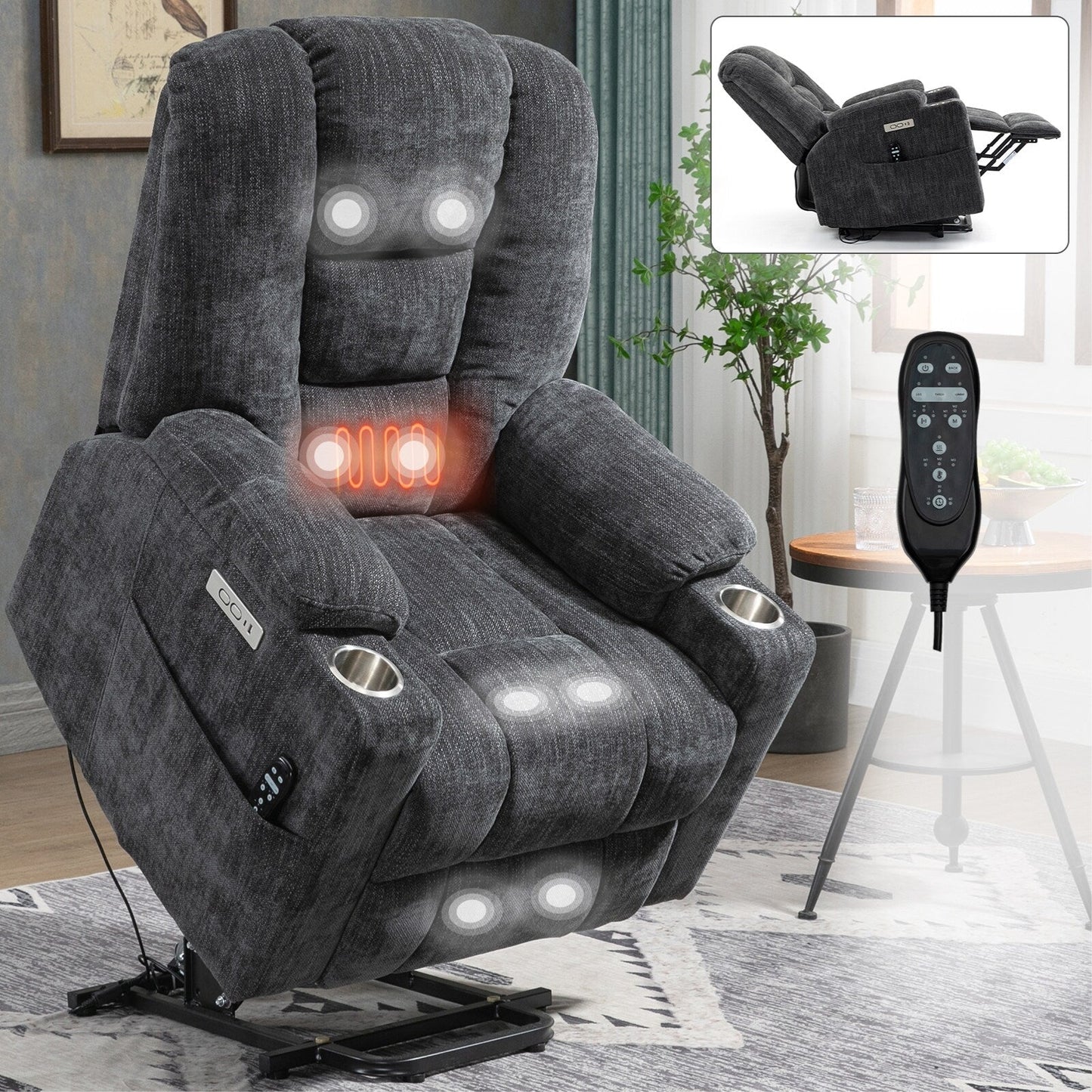 Grand fauteuil inclinable électrique avec massage et chaleur