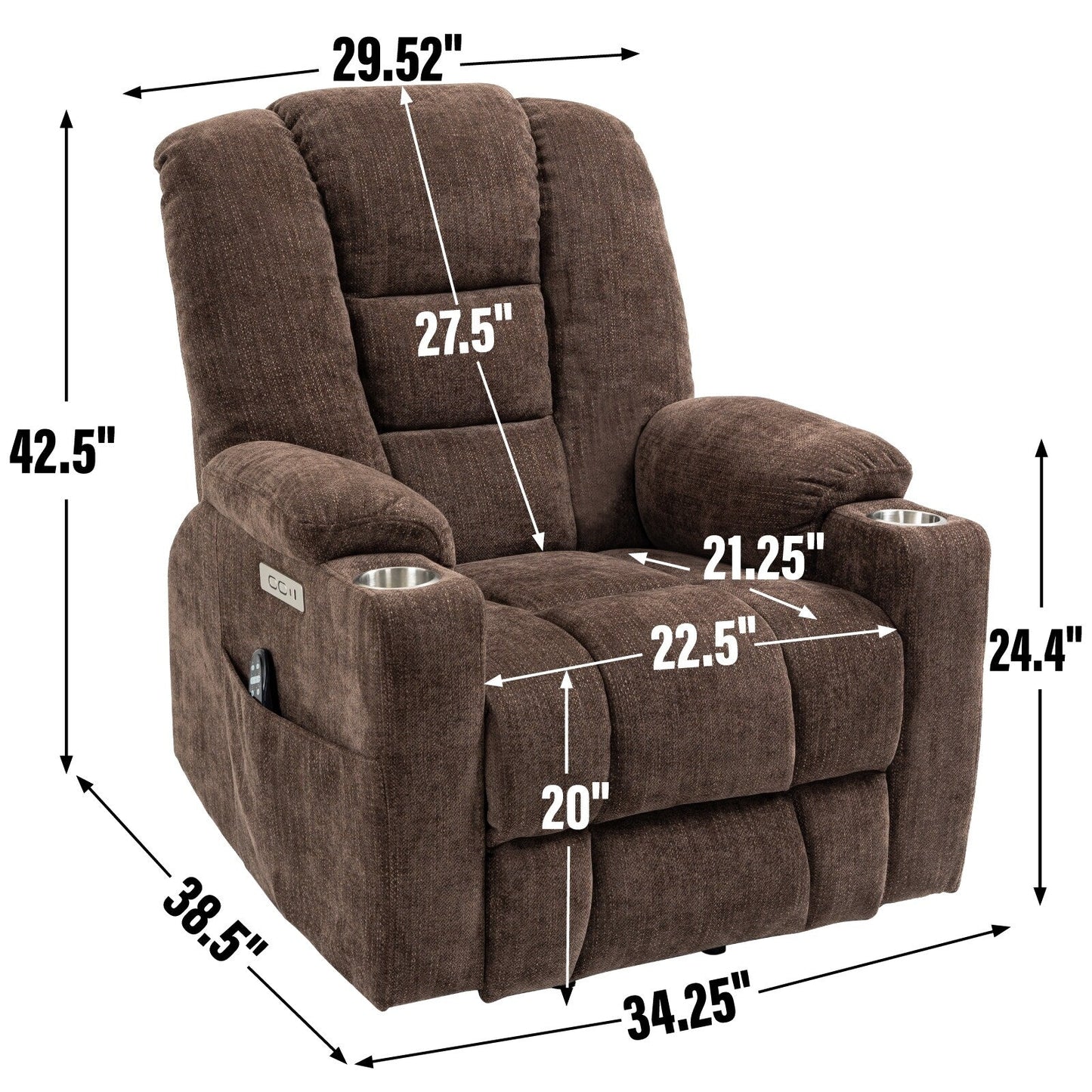 Grand fauteuil inclinable électrique avec massage et chaleur