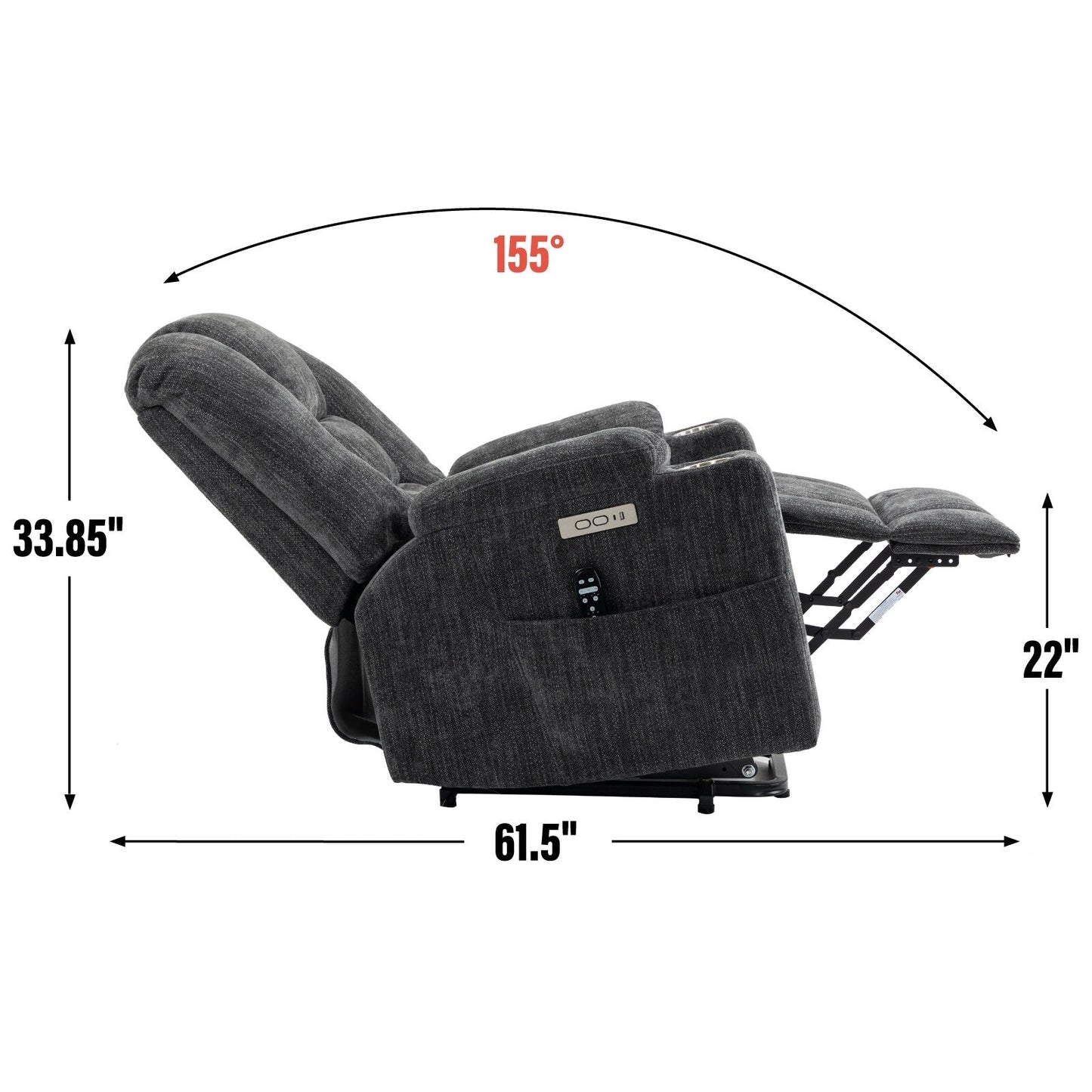 Grand fauteuil inclinable électrique avec massage, chauffage, deux ports USB, port Type-C et porte-gobelets en acier