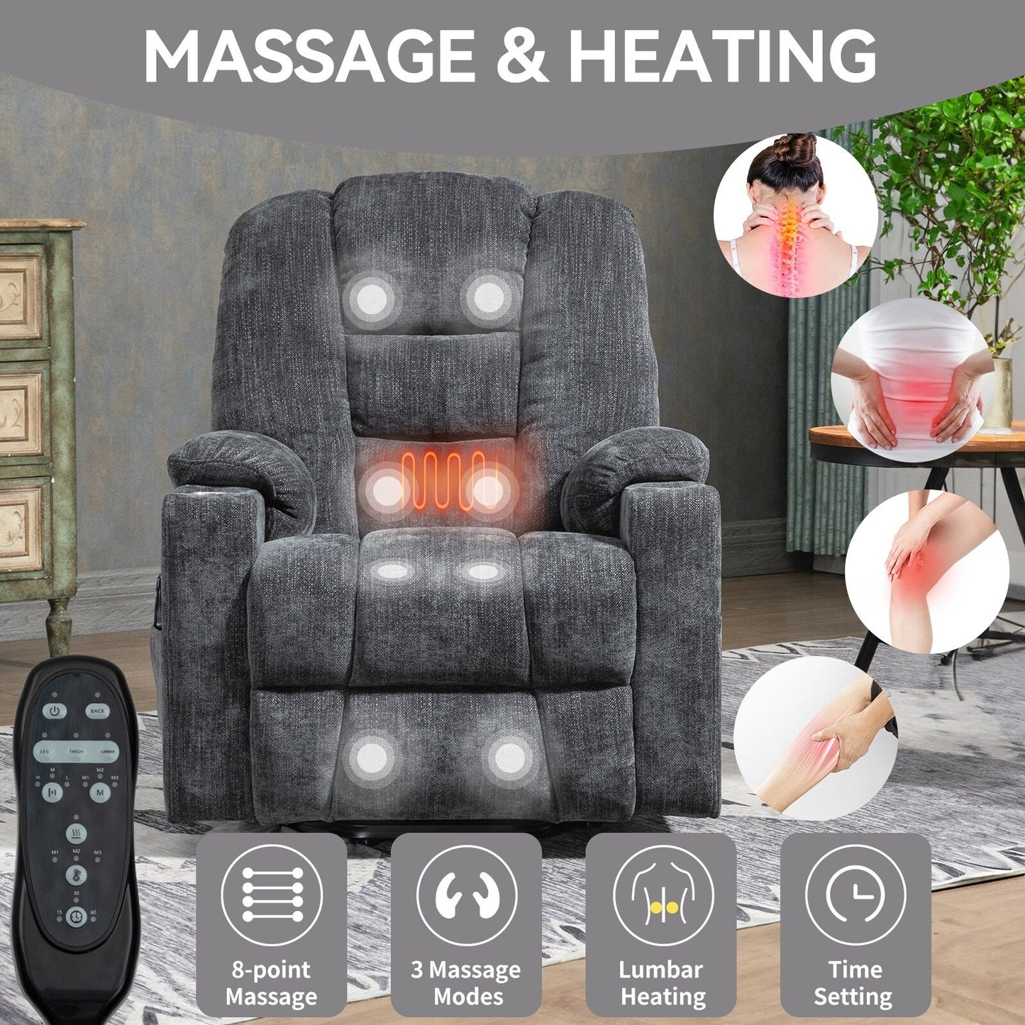 Grand fauteuil inclinable électrique avec massage, chauffage, deux ports USB, port Type-C et porte-gobelets en acier