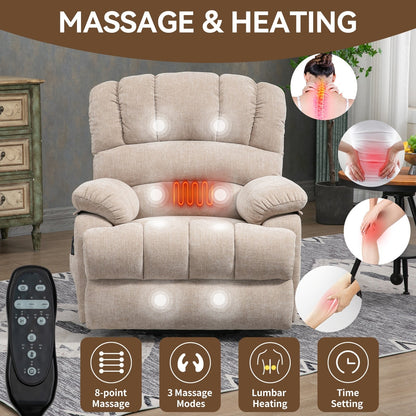 Fauteuil inclinable électrique à deux moteurs de grande taille avec massage à 8 points, chauffage lombaire, ports USB et poches latérales