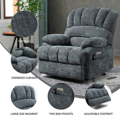 Fauteuil inclinable électrique à deux moteurs de grande taille avec massage à 8 points, chauffage lombaire, ports USB et poches latérales