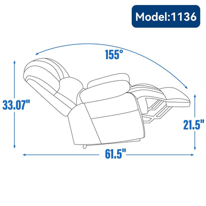 Fauteuil inclinable électrique à deux moteurs de grande taille avec massage à 8 points, chauffage lombaire, ports USB et poches latérales