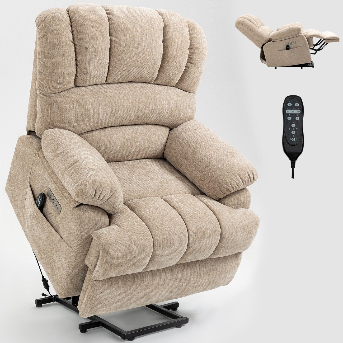 Fauteuil inclinable électrique à deux moteurs de grande taille avec massage à 8 points, chauffage lombaire, ports USB et poches latérales