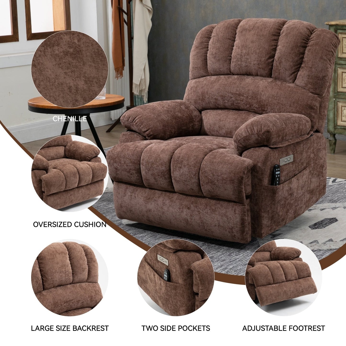 Fauteuil inclinable électrique à deux moteurs de grande taille avec massage à 8 points, chauffage lombaire, ports USB et poches latérales