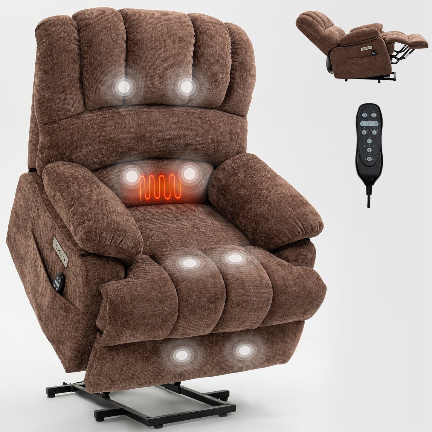 Fauteuil inclinable électrique à deux moteurs de grande taille avec massage à 8 points, chauffage lombaire, ports USB et poches latérales
