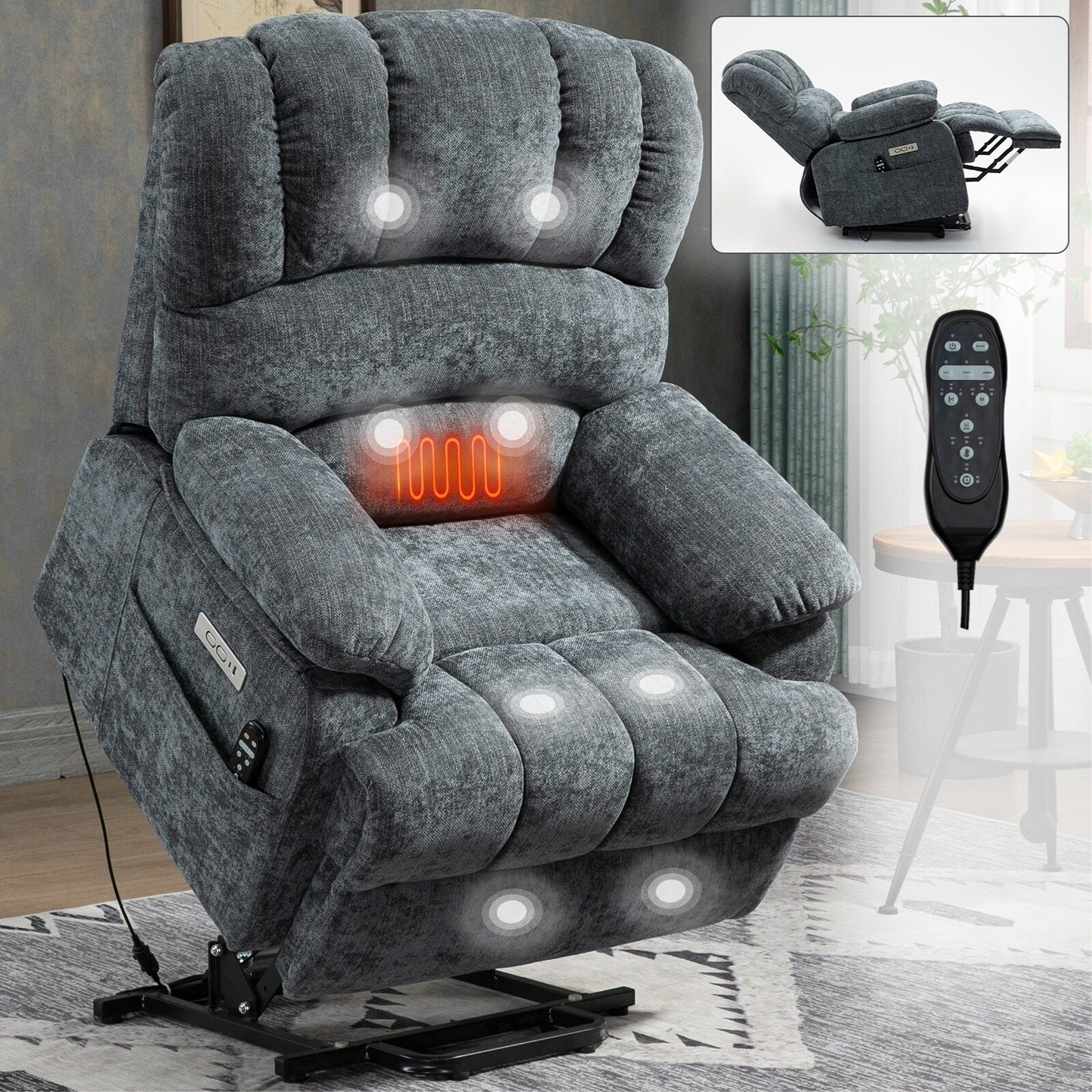 Fauteuil inclinable électrique à deux moteurs de grande taille avec massage à 8 points, chauffage lombaire, ports USB et poches latérales