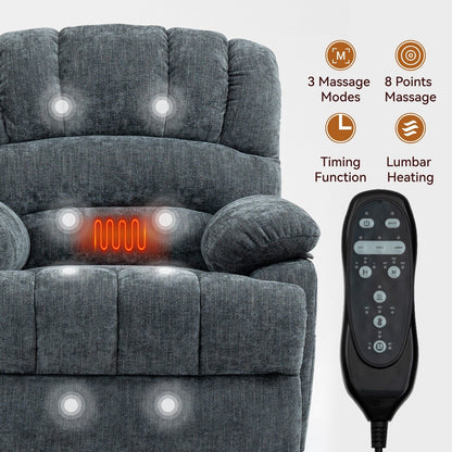 Fauteuil inclinable électrique à deux moteurs de grande taille avec massage à 8 points, chauffage lombaire, ports USB et poches latérales