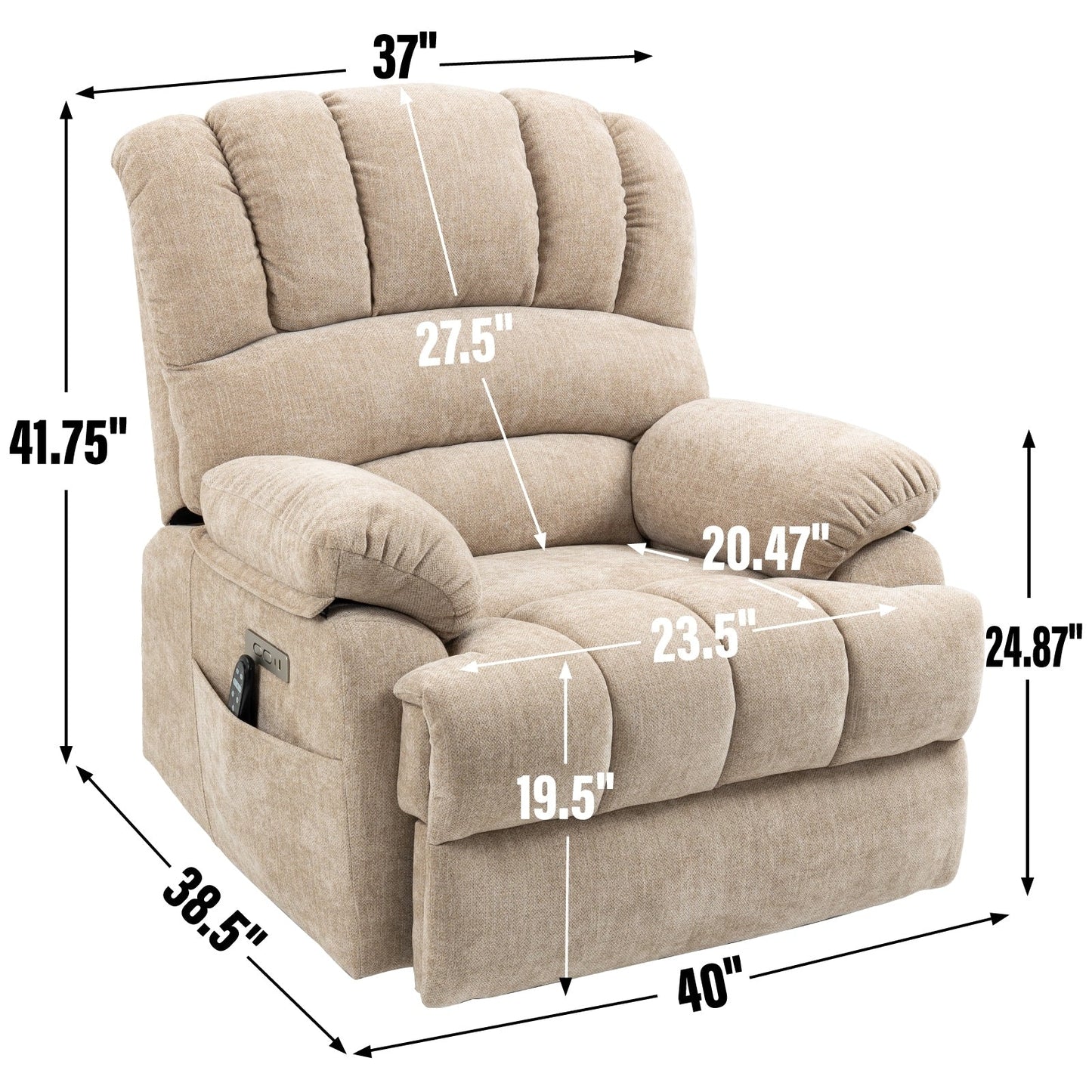 Fauteuil inclinable électrique à deux moteurs de grande taille avec massage à 8 points, chauffage lombaire, ports USB et poches latérales