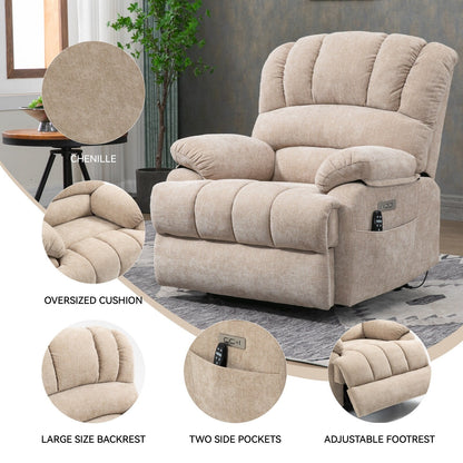 Fauteuil inclinable électrique à deux moteurs de grande taille avec massage à 8 points, chauffage lombaire, ports USB et poches latérales