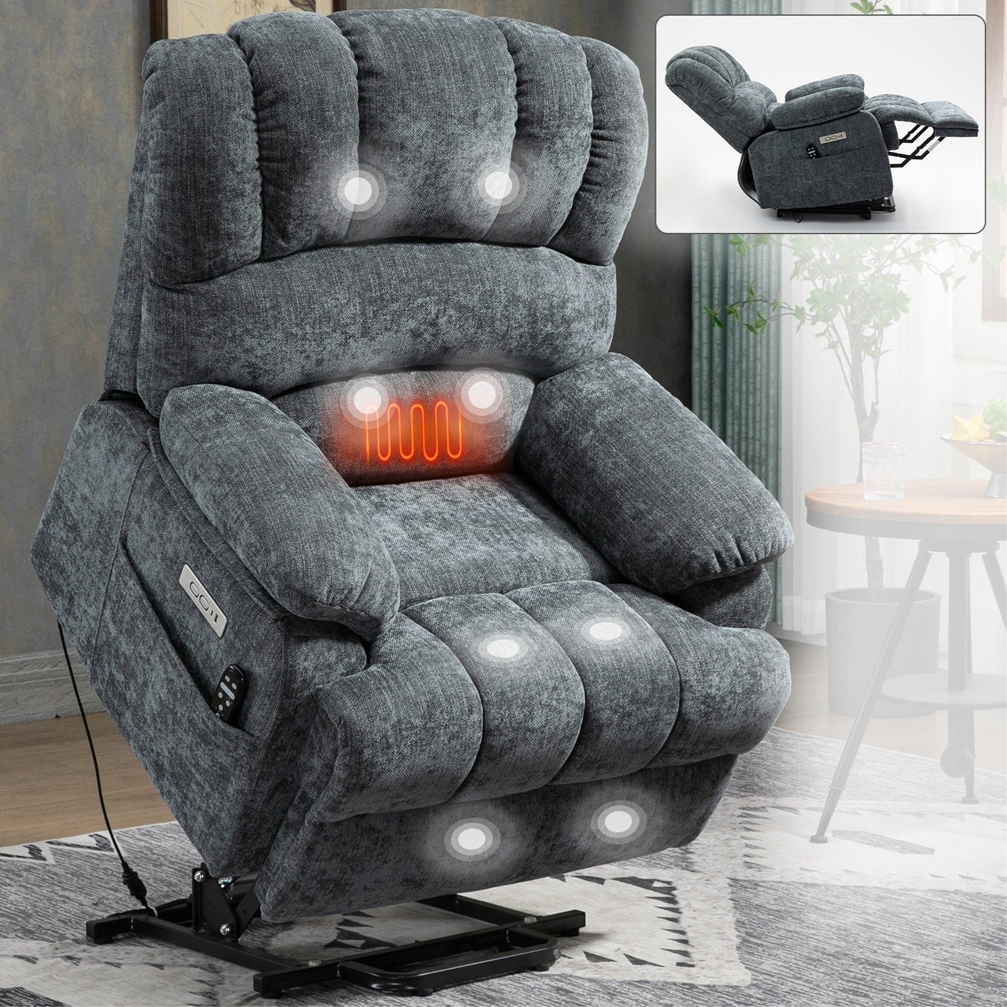 Fauteuil inclinable électrique à deux moteurs de grande taille avec massage à 8 points, chauffage lombaire, ports USB et poches latérales