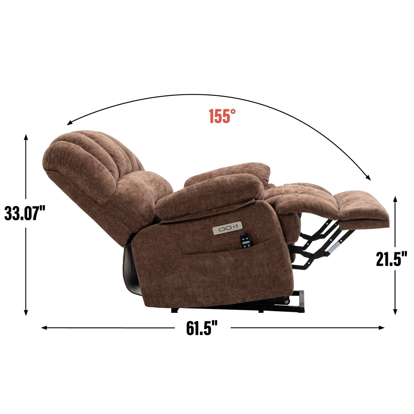 Fauteuil inclinable électrique à deux moteurs de grande taille avec massage à 8 points, chauffage lombaire, ports USB et poches latérales