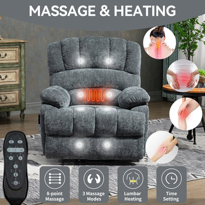 Fauteuil inclinable électrique à deux moteurs de grande taille avec massage à 8 points, chauffage lombaire, ports USB et poches latérales