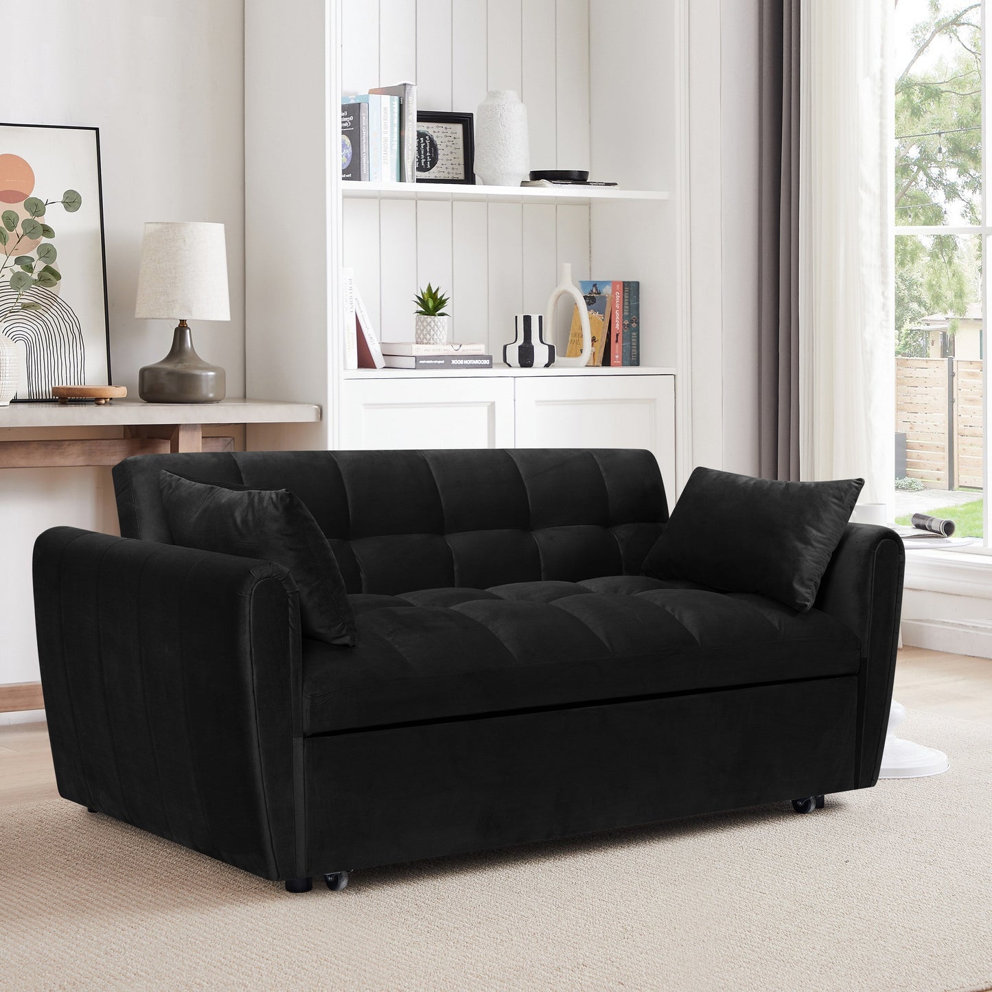 Grand canapé-lit en velours avec dossier réglable - Design 3 en 1 peu encombrant pour salon ou chambre