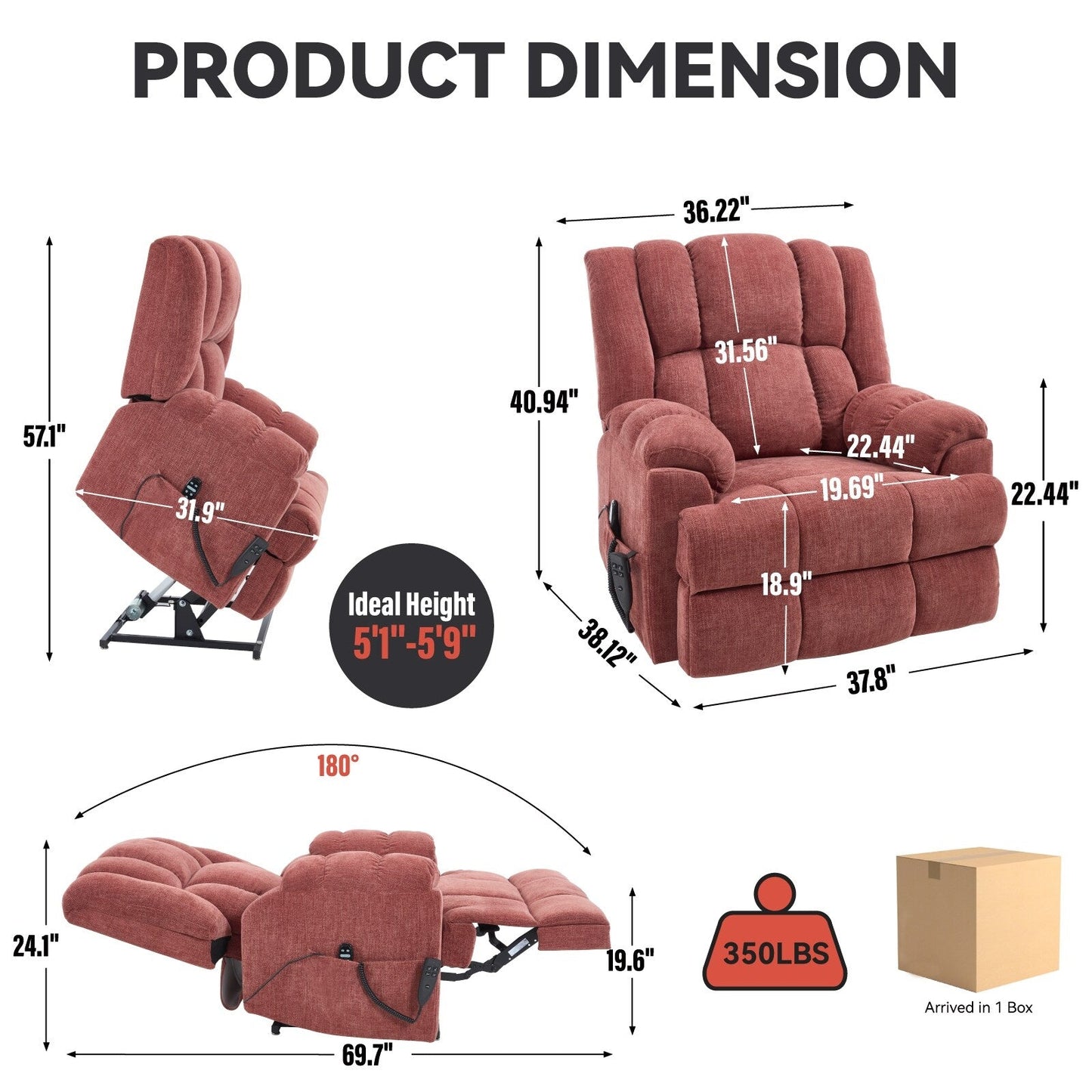 Fauteuil inclinable Lazy Boy à double moteur, en chenille, avec massage, chauffage et alimentation - Télécommande, positions infinies