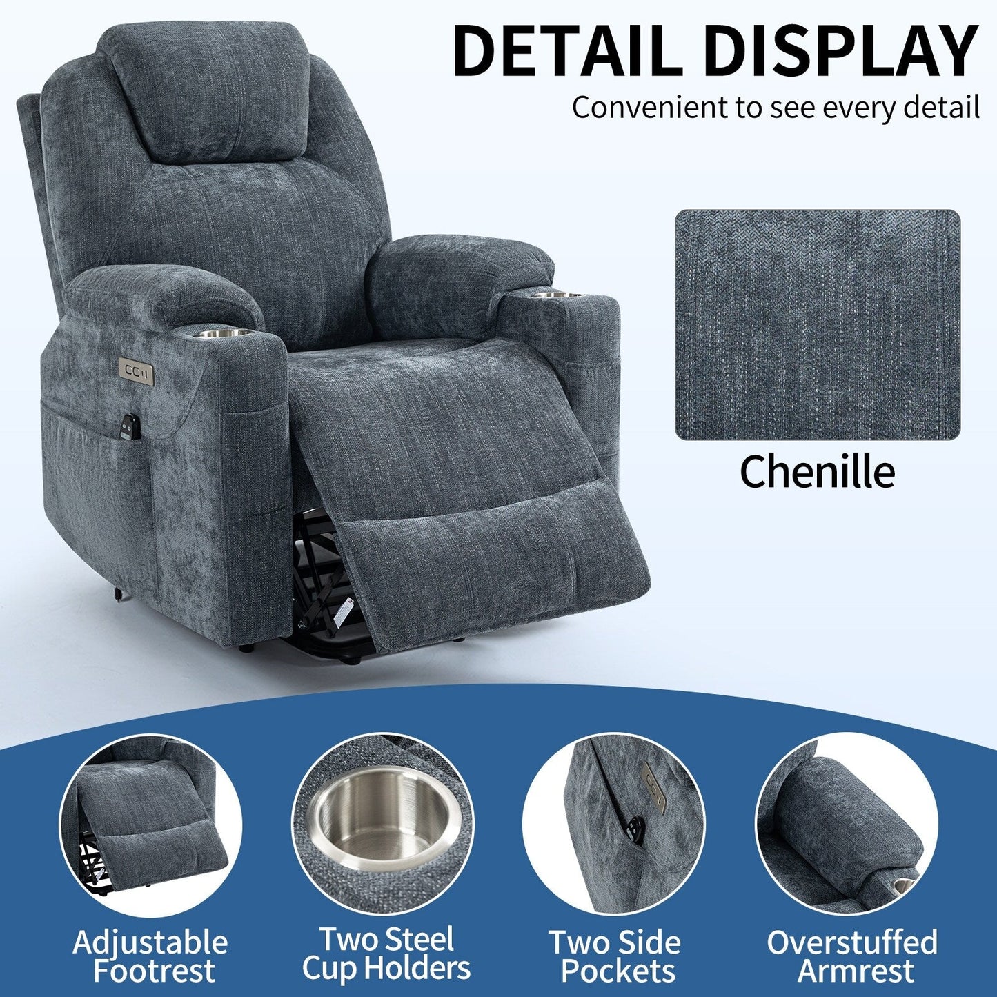Fauteuil inclinable électrique Lazy Boy grand format en chenille avec massage et chauffage lombaire, ports USB et Type-C et porte-gobelets