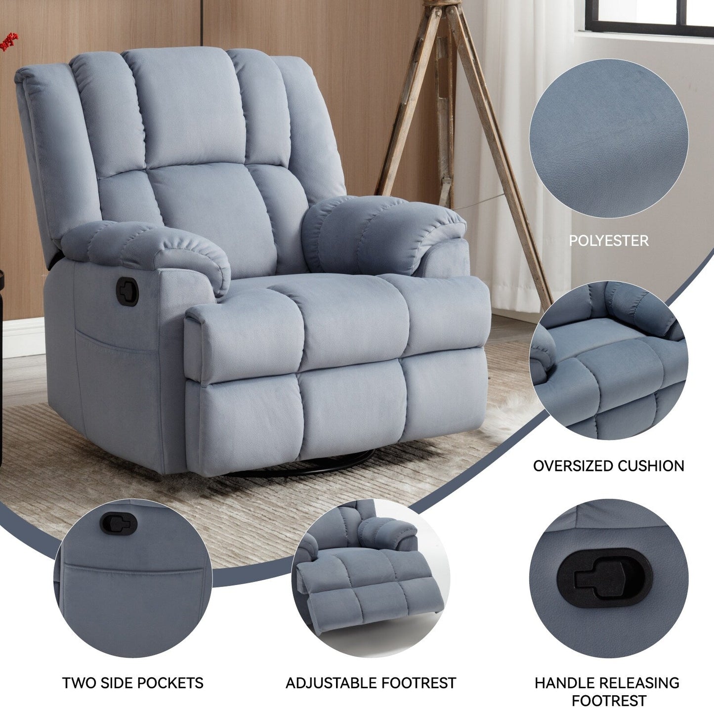 Fauteuil inclinable pivotant en tissu Lazy Boy, grand fauteuil inclinable manuel rembourré avec accoudoirs coussinés et dossier coussiné