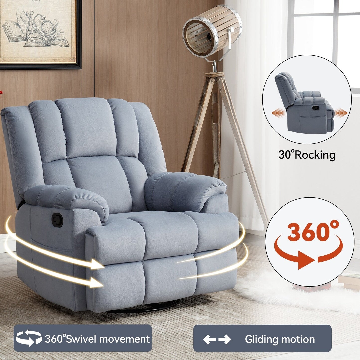 Fauteuil inclinable pivotant en tissu Lazy Boy, grand fauteuil inclinable manuel rembourré avec accoudoirs coussinés et dossier coussiné