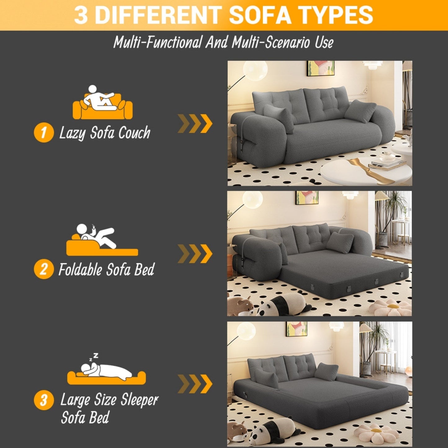 Canapé-lit pliable multifonctionnel de 78 pouces de large