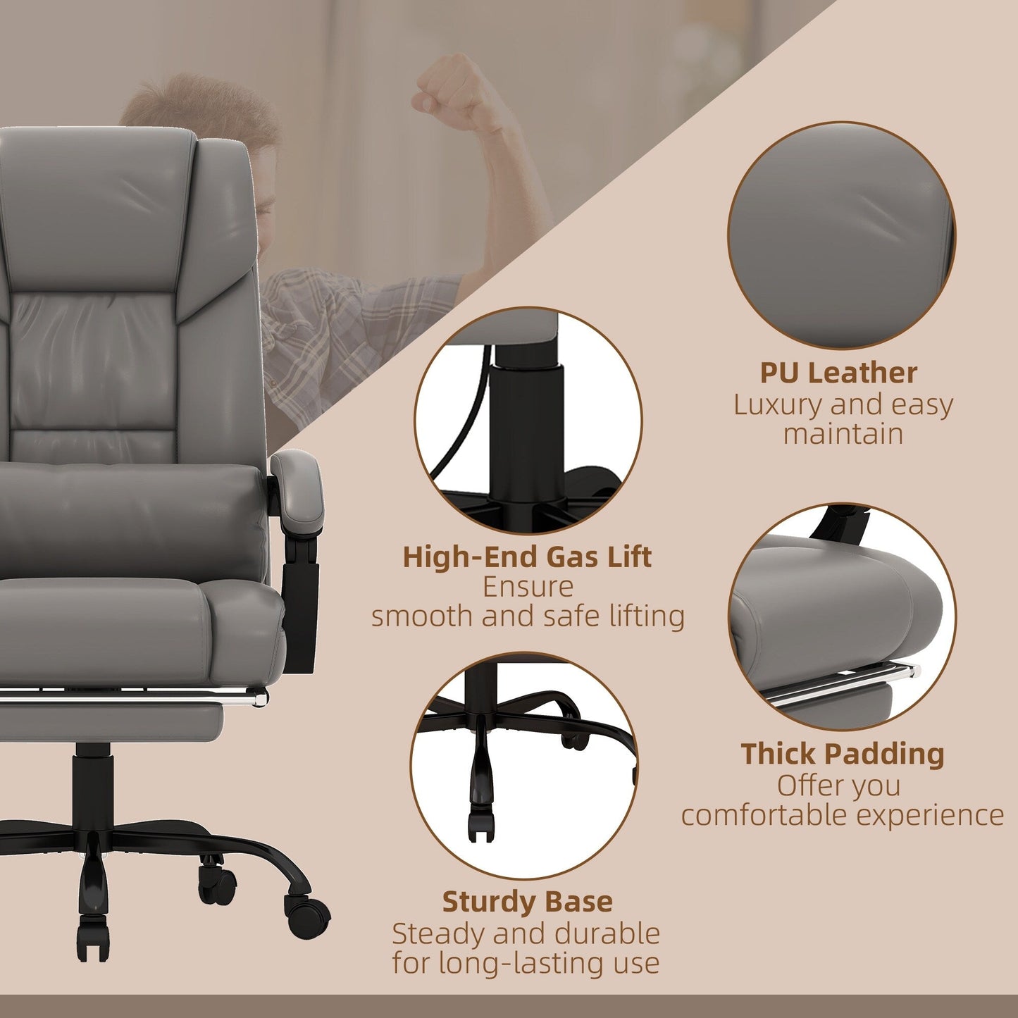 Chaise de bureau en cuir avec massage par vibrations à 6 points, télécommande, dossier inclinable, repose-pieds et hauteur réglable