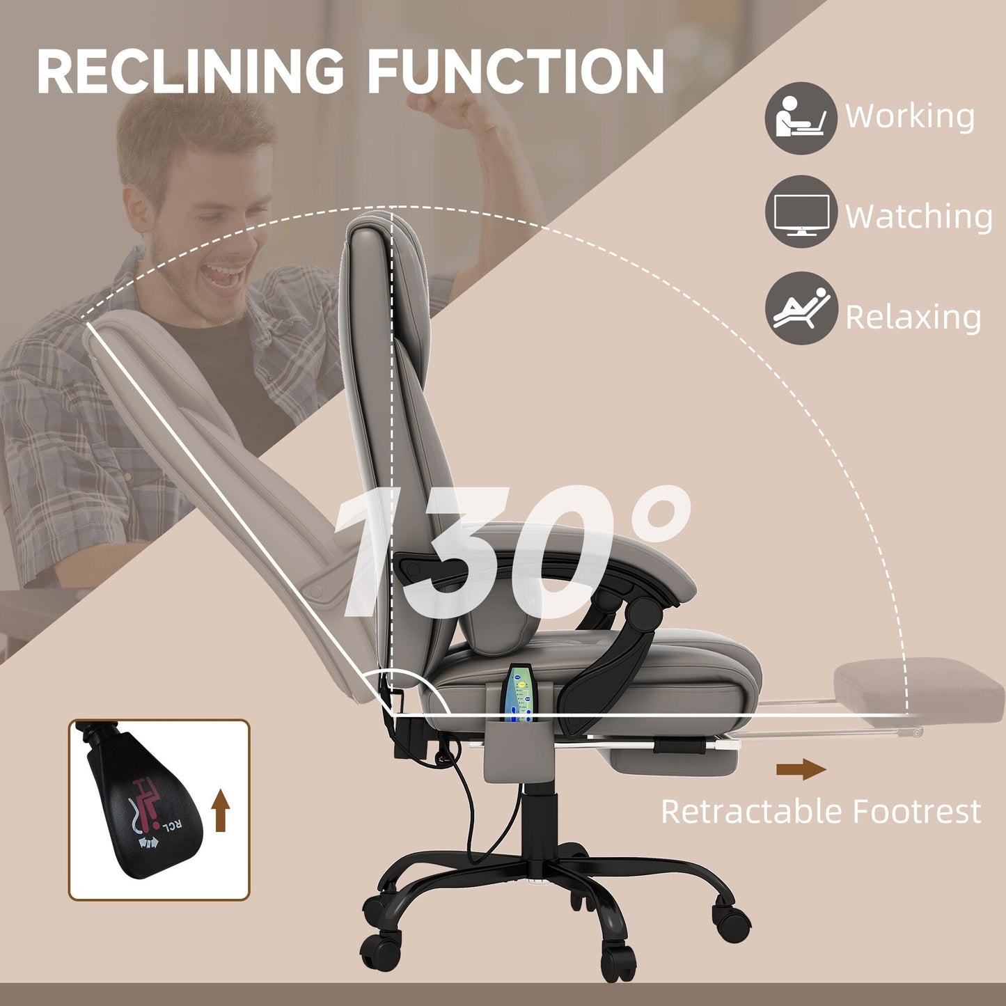 Chaise de bureau en cuir avec massage par vibrations à 6 points, télécommande, dossier inclinable, repose-pieds et hauteur réglable