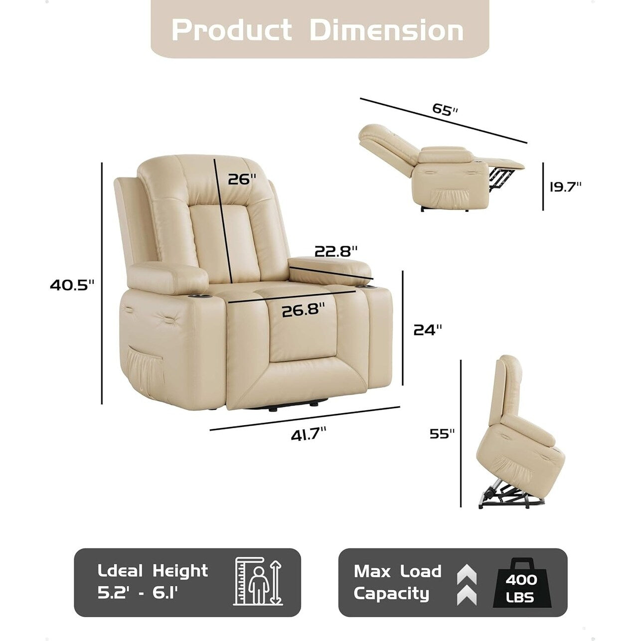 Fauteuil inclinable électrique en cuir avec chauffage et massage