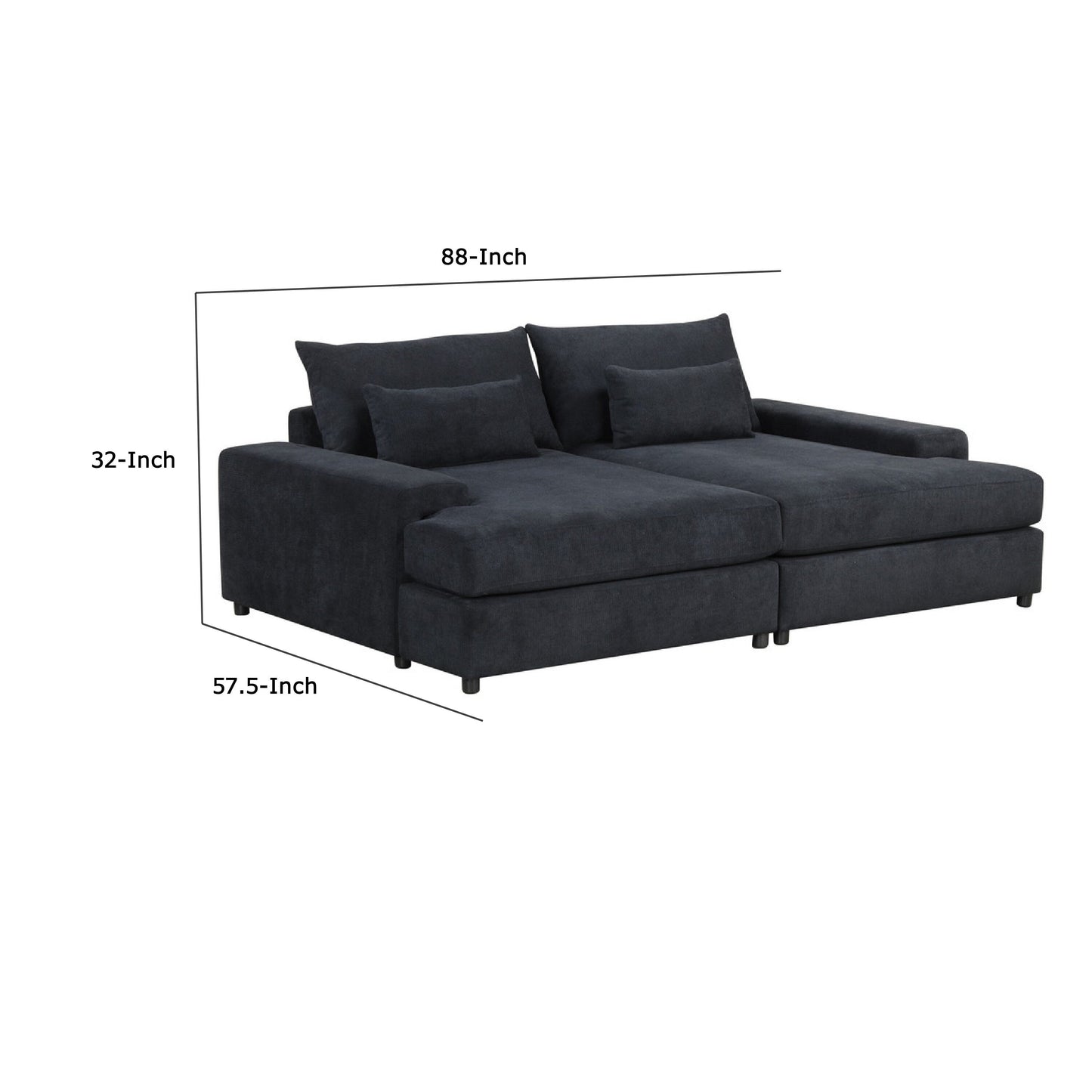 Canapé-lit surdimensionné Leena avec 2 coussins décoratifs, tissu noir, 223 cm