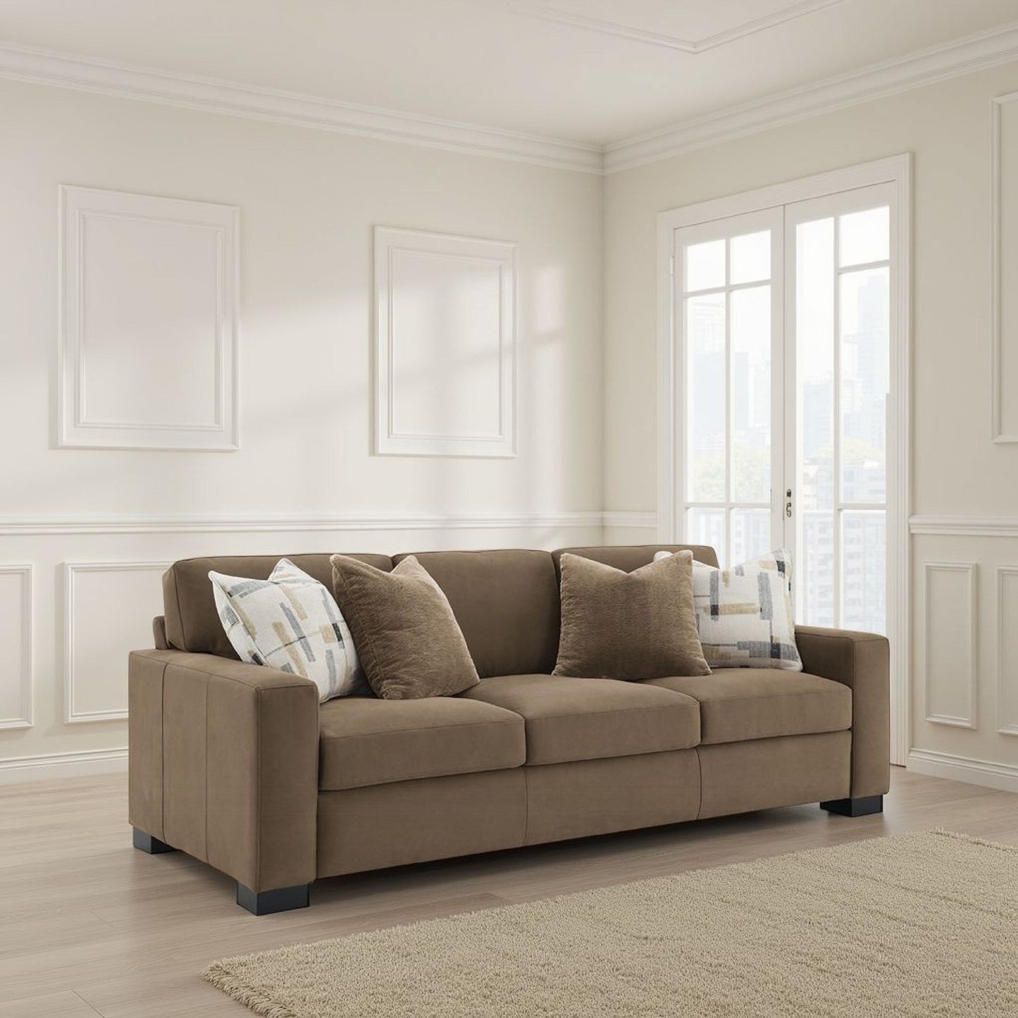 Canapé moderne Lenu avec 4 coussins décoratifs, tissu en daim marron doux, 89 pouces