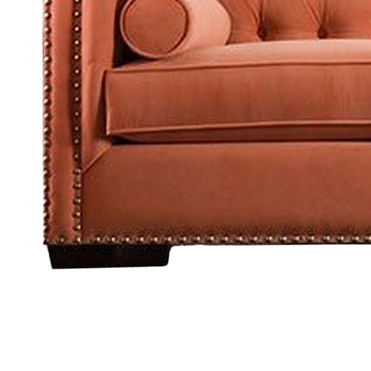 Canapé Leone, capitonné orange, 2 coussins traversins, garniture cloutée, 236 cm