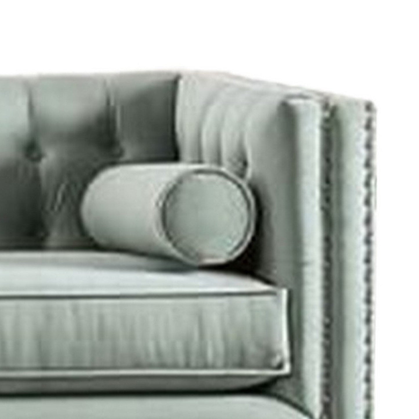 Canapé Leone, capitonné bleu sarcelle, 2 coussins traversins, clous décoratifs, 236 cm