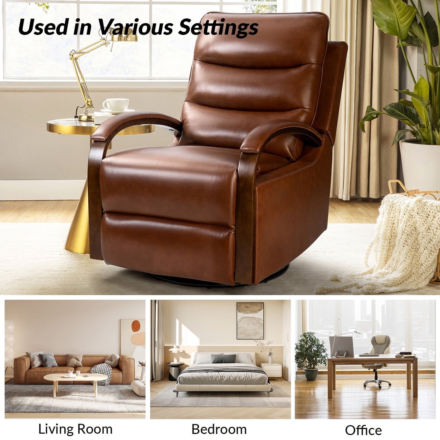 Fauteuil inclinable pivotant à bascule manuel en cuir véritable Leopold avec accoudoirs en bois, lot de 2 par HULALA HOME