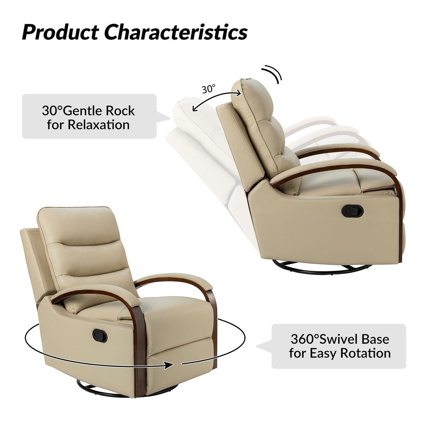 Fauteuil inclinable pivotant à bascule manuel en cuir véritable Leopold avec accoudoirs en bois, lot de 2 par HULALA HOME