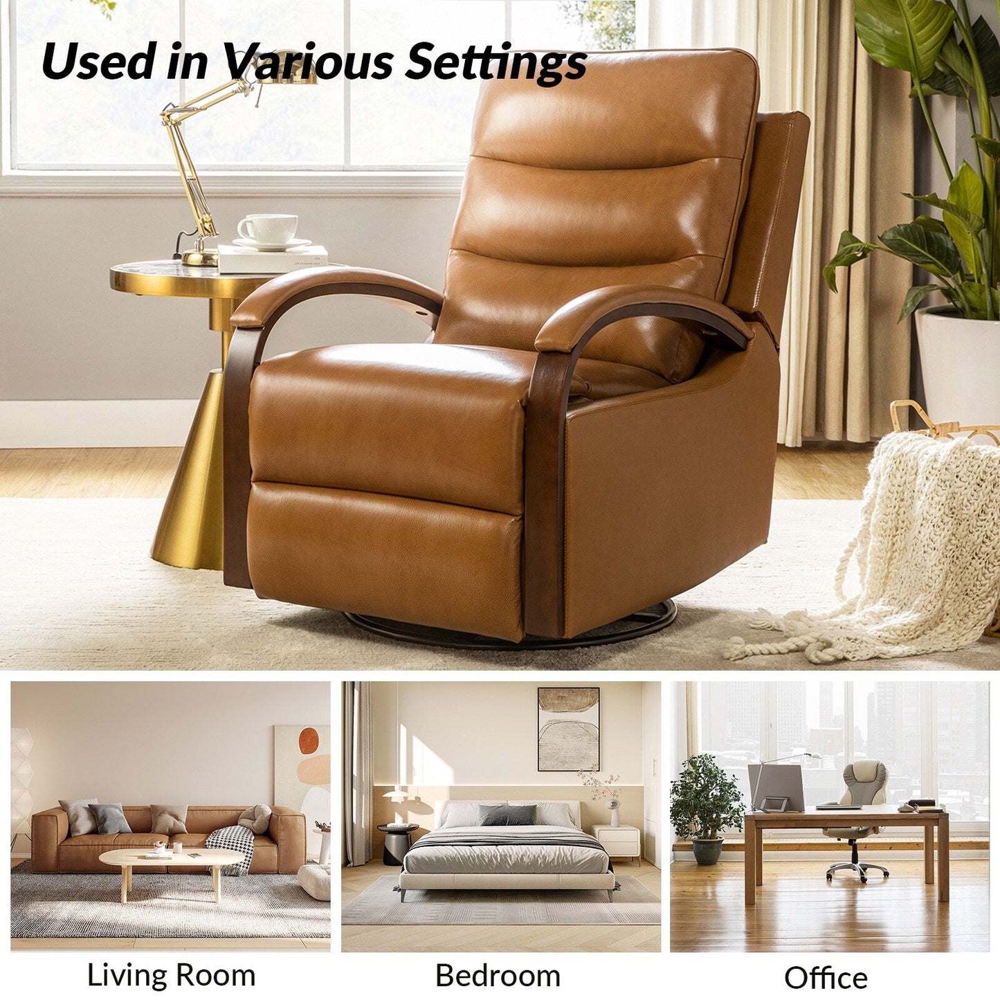 Fauteuil inclinable pivotant à bascule manuel en cuir véritable Leopold avec accoudoirs en bois, lot de 2 par HULALA HOME