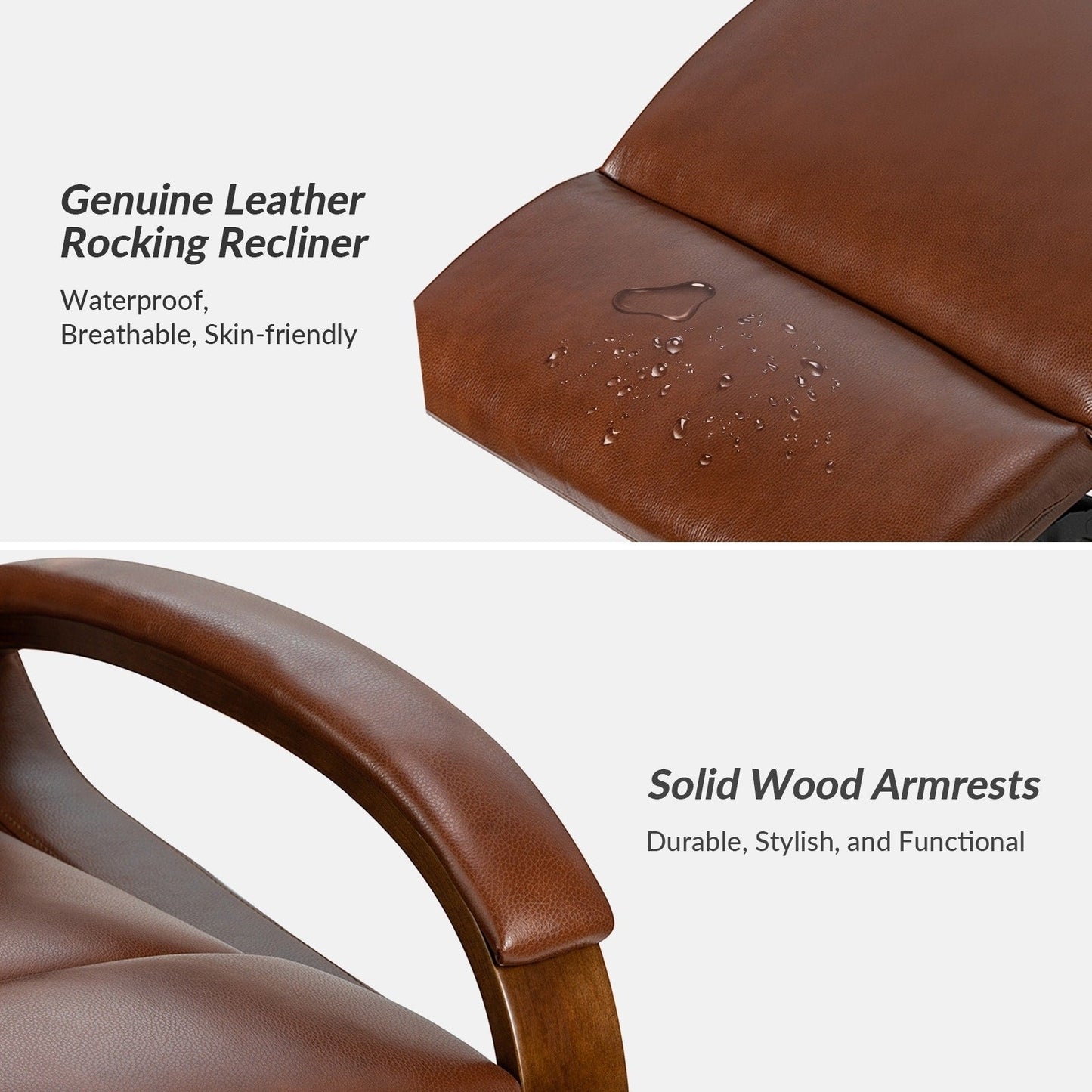 Fauteuil inclinable pivotant à bascule manuel en cuir véritable Leopold avec accoudoirs en bois, lot de 2 par HULALA HOME