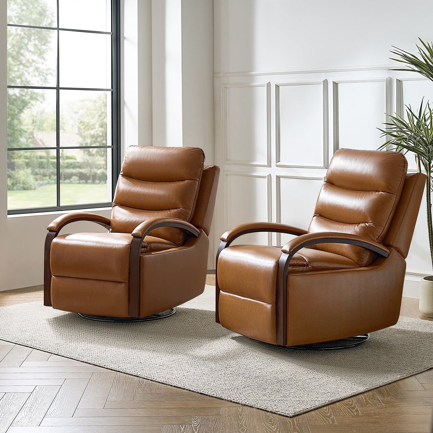 Fauteuil inclinable pivotant à bascule manuel en cuir véritable Leopold avec accoudoirs en bois, lot de 2 par HULALA HOME