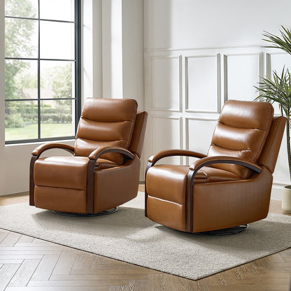 Fauteuil inclinable pivotant à bascule manuel en cuir véritable Leopold avec accoudoirs en bois, lot de 2 par HULALA HOME